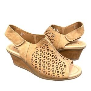 Earth Leather Wedge Sandals 11B Cascade Die Cut Boho Hook & Loop Travel Vacation